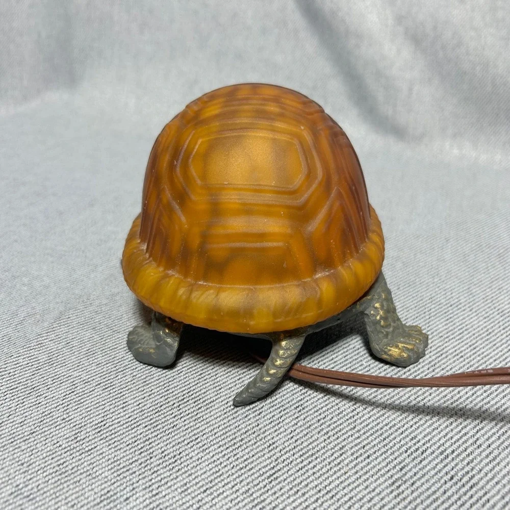 Vintage Turtle Accent Lamp Amber Glass Shell Bronze Metal Base 8.5in